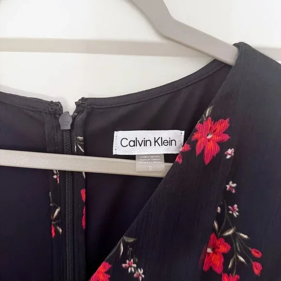 Calvin Klein Navy Floral V-Neck Chiffon Midi Dress – Size 12 - Picture 5 of 9